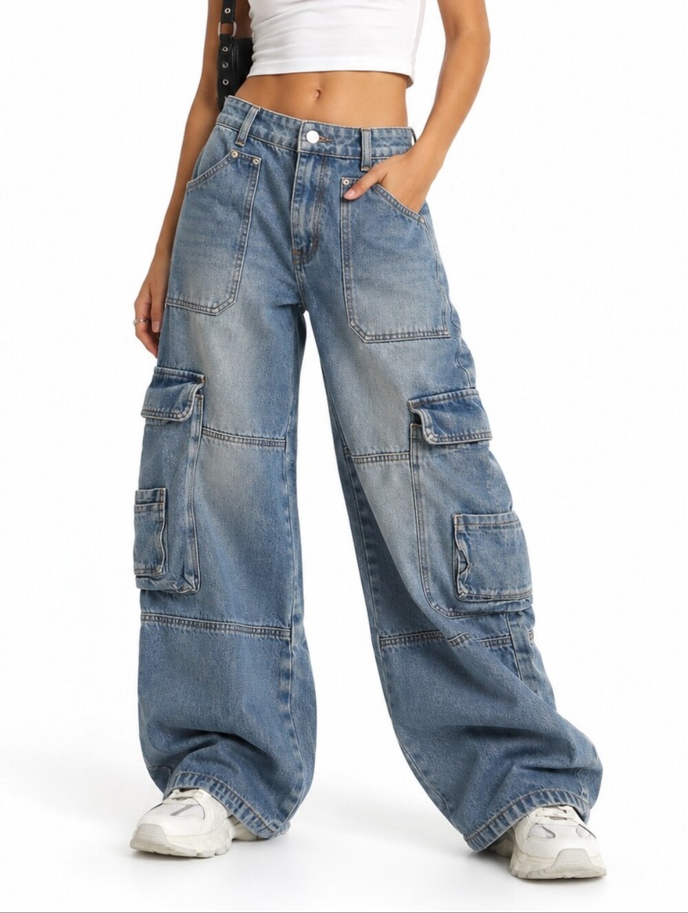 Edikted Baggy Cargo Jeans Utility Wide Leg 100% Cotton Size L